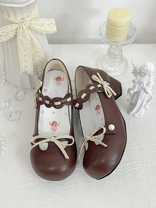 Chocolate Brown Beaded Decorated Knotted Bow at Top Round Toe Lolita Shoes