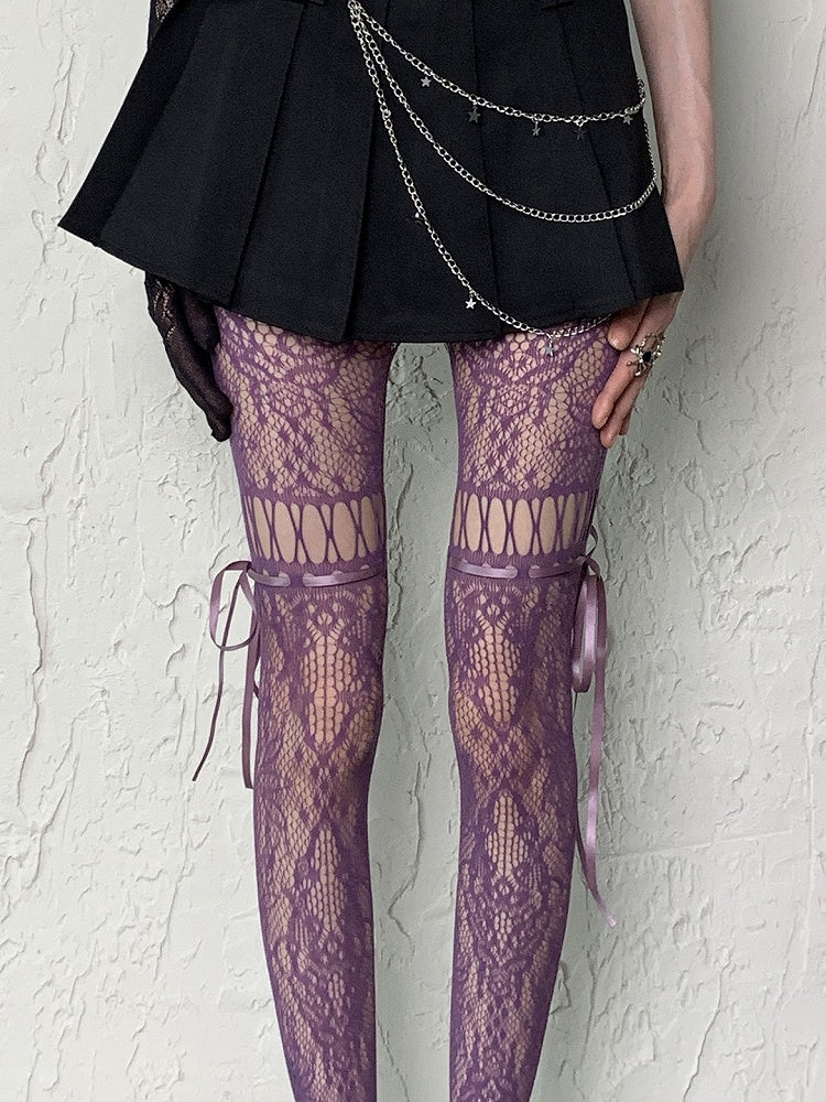 Coffee/Gray/Black/White/Purple/Blue Y2K Floral Pattern Self-tie Straps Cut-out Design Tights