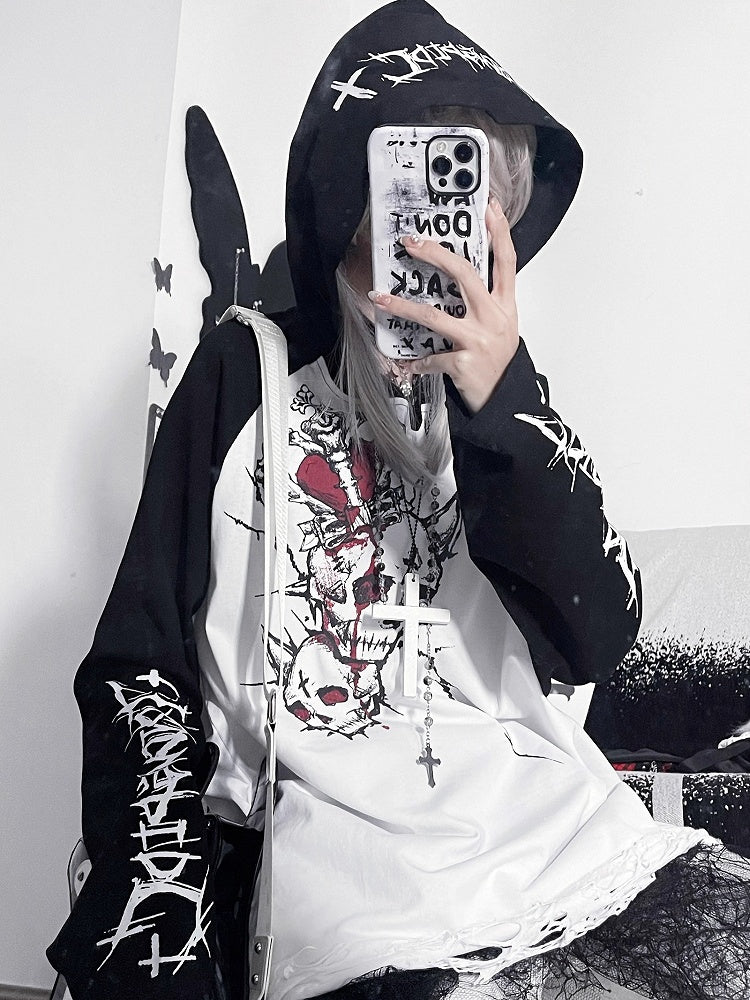 Black&White Emo Punk Skeleton And Letter Print Hoodie