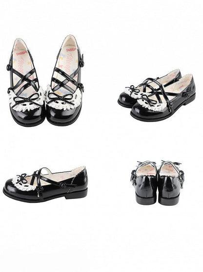 Black Crisscross Design Lace Trim Bow at Top Lolita Shoes