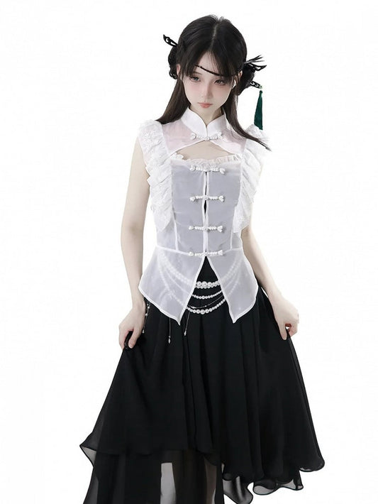 White Banded Collar Cheongsam Style Knot Buttons Flutter Sleeves Coverup