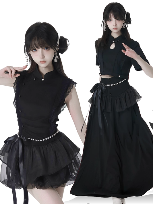 Black Cheongsam Style Banded Collar Mini Dress Bubble Skirt with Beaded Waist Chain