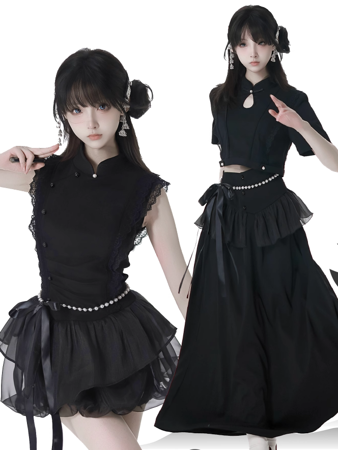 Black Cheongsam Collar Bead Details Short Sleeves Top