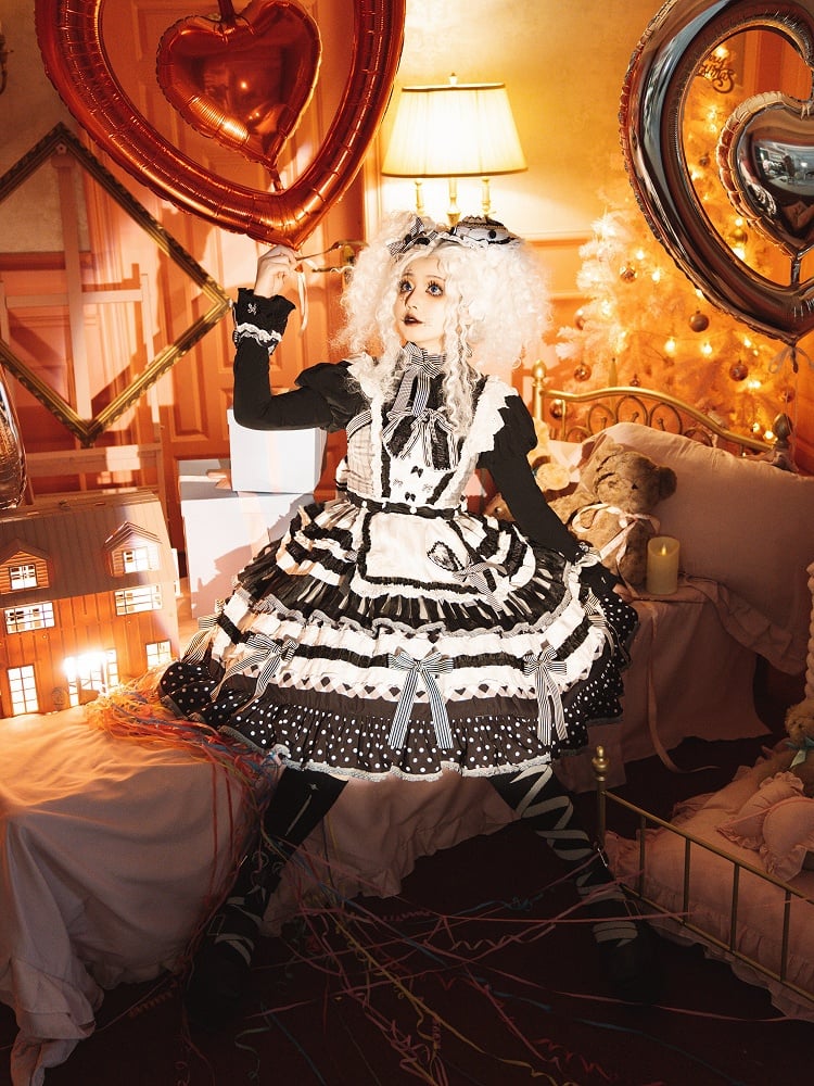Black and White Oreo Cake Bow Accents Tiered Skirt Sweet Lolita JSK Full Set