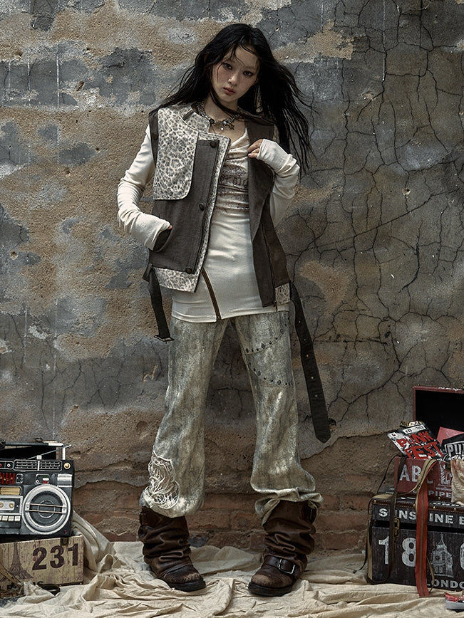 Brown and Gray Punk Streetwear Leopard Jacket with Detachable Sleeves