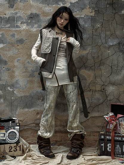 Brown and Gray Punk Streetwear Leopard Jacket with Detachable Sleeves