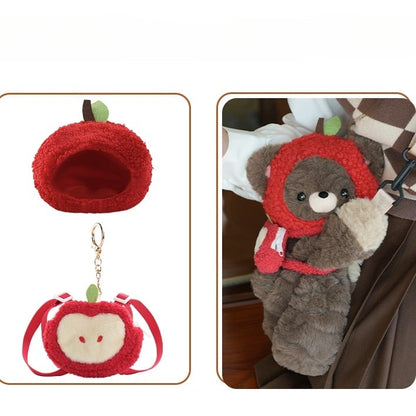 Brown Bear Plush Backpack/Crossbody Bag + Red Apple Hat + Red Apple Backpack Keychian Middle/Large Size