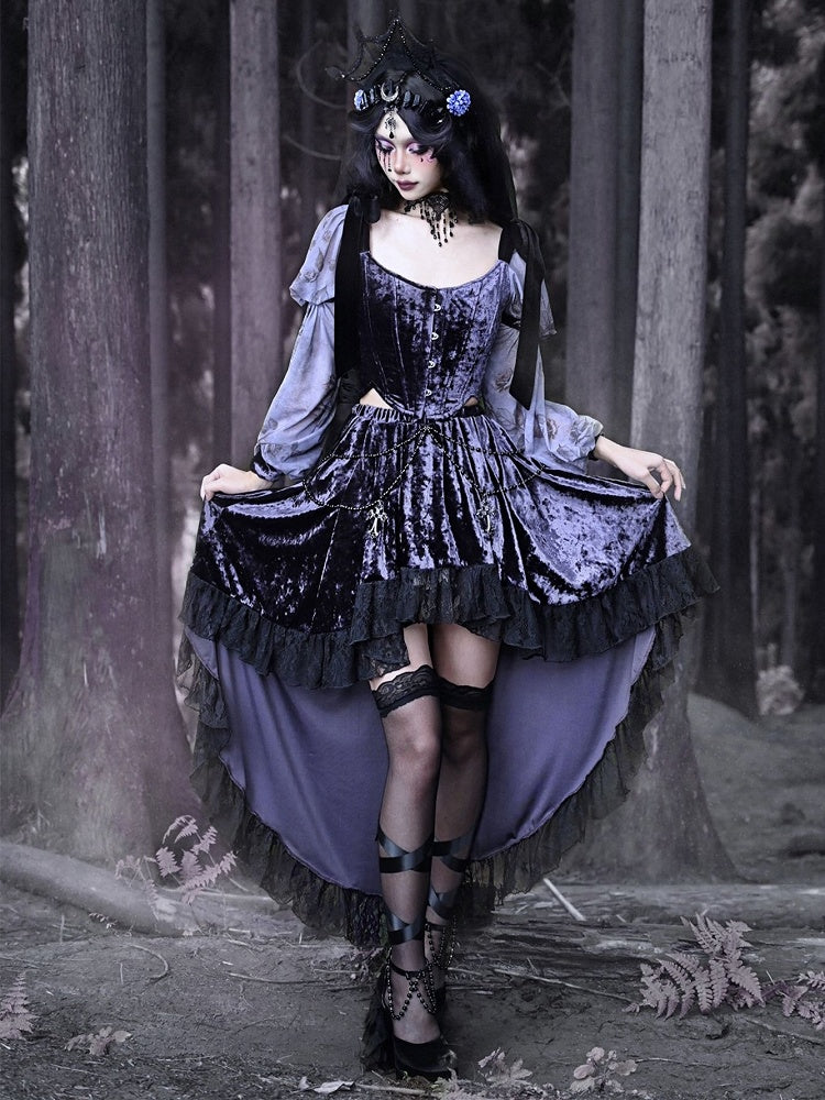 Gothic Cross Beaded Chains Purple Velvet High-low Skirt