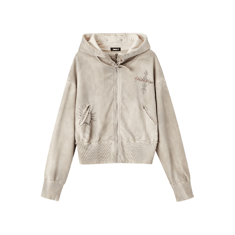 Wasteland Punk Apricot Buckle Strap Distressed Zip Closure Hoodie