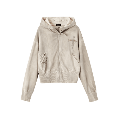 Wasteland Punk Apricot Buckle Strap Distressed Zip Closure Hoodie