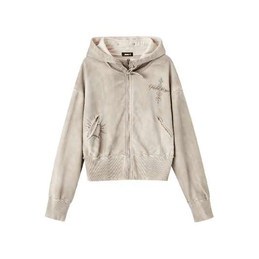 Wasteland Punk Apricot Buckle Strap Distressed Zip Closure Hoodie