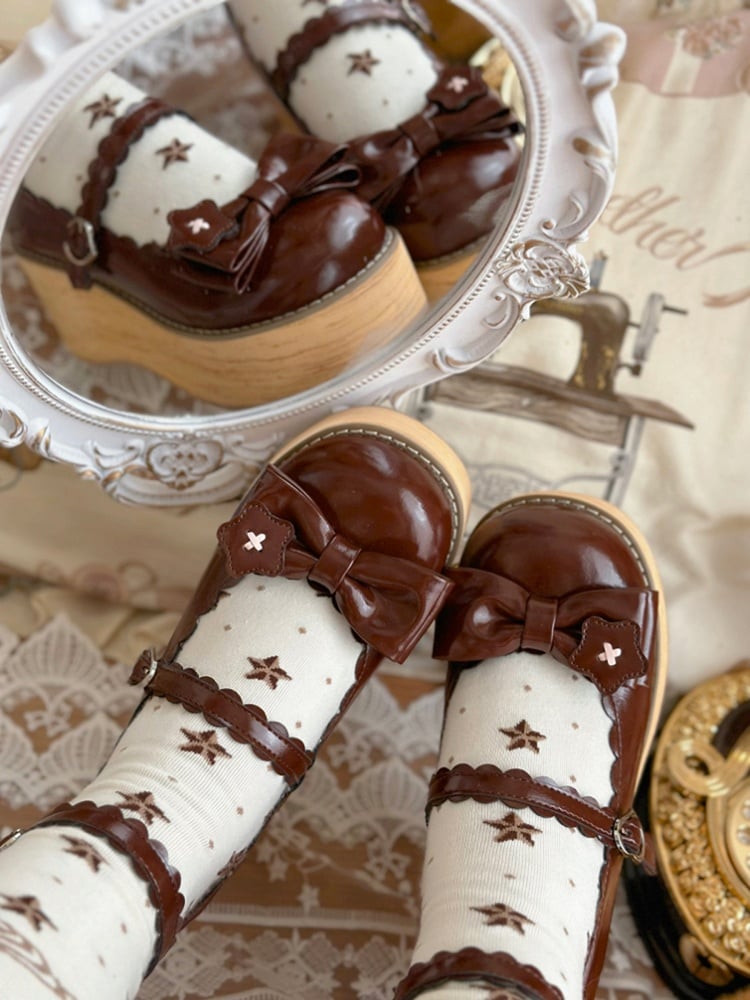 Clearance-Size 35 Brown Star Applique Bow at Top Lolita Platform Shoes