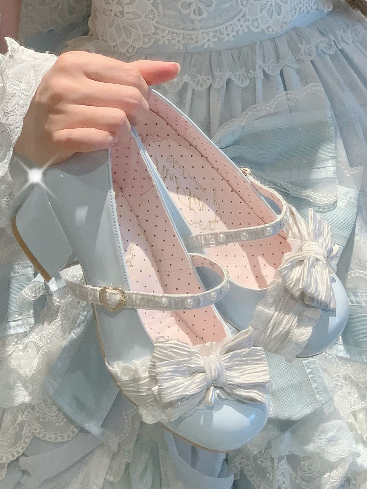 Blue&White Beaded Decorated Bow at Top 2.5CM/5CM Block Heels Round Toe Shoes