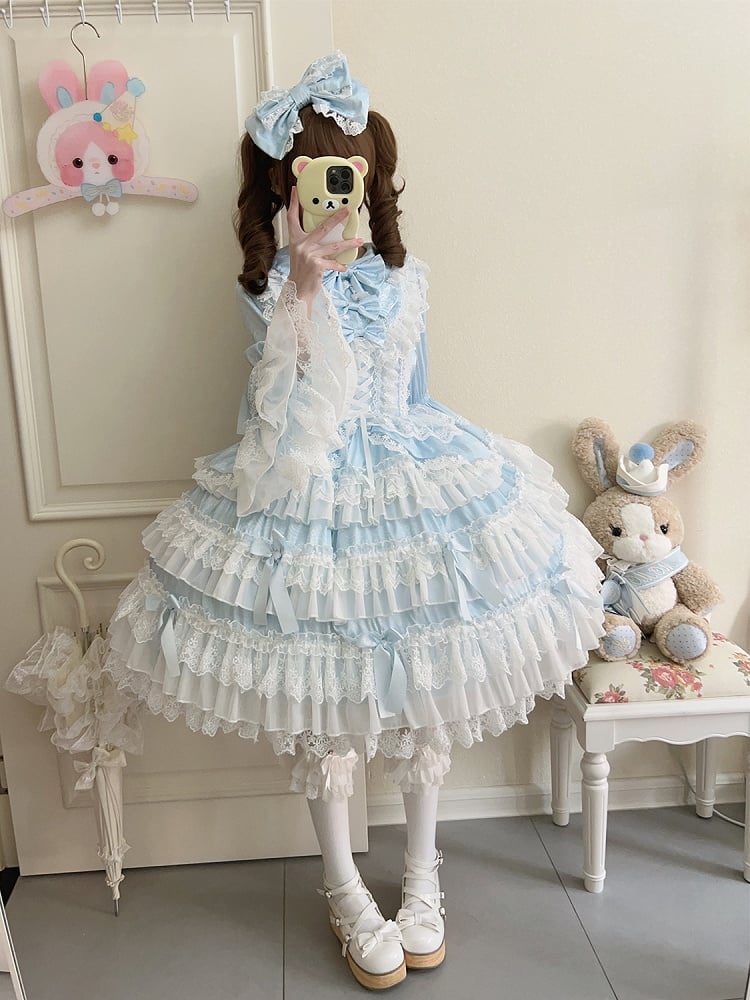 Blue Tiered Ruffle Skirt Bows Decorated Long Bell Sleeves Lolita Dress