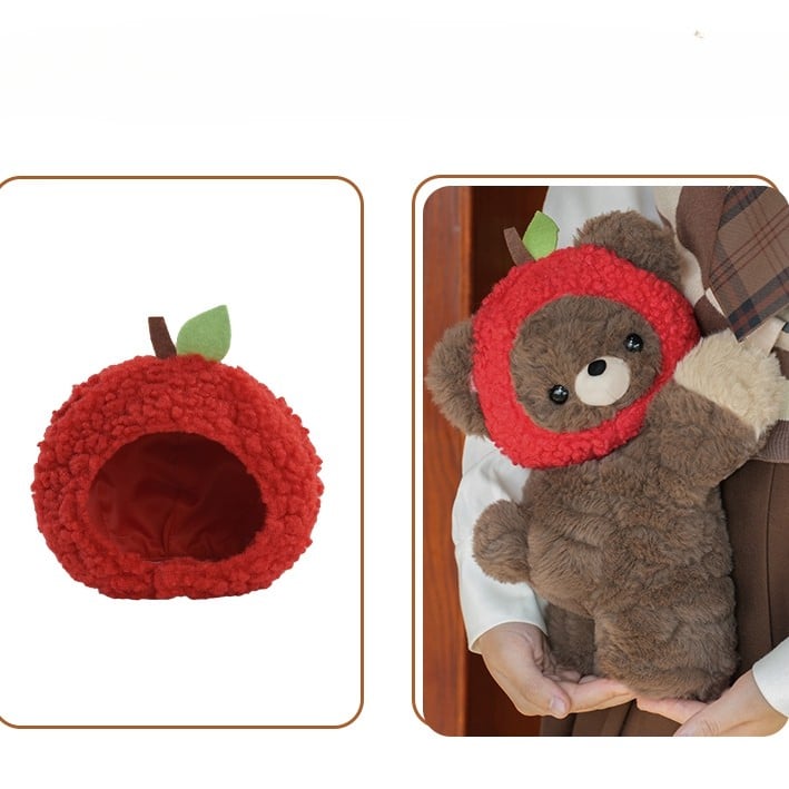 Brown Bear Plush Backpack/Crossbody Bag + Red Apple Hat + Red Apple Backpack Keychian Middle/Large Size