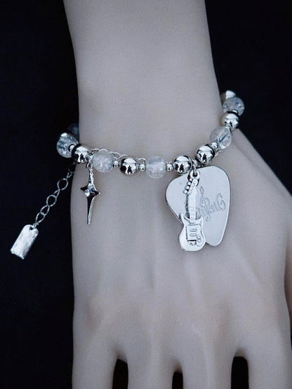 Handmade Guitar Pick Charm Silver and White Punk Beaded Bracelet