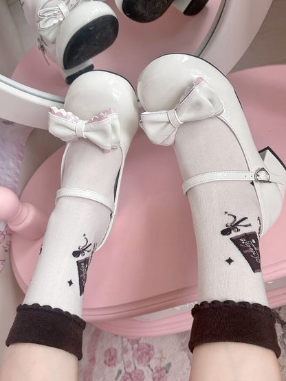 White Chocolate Print Bowknot Details Lolita Calf Socks