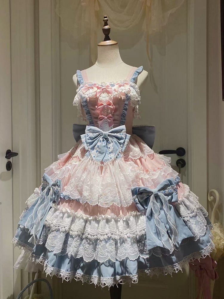 Blue and Pink Princess Dress Detachable Bows and Bead Details Sweet Lolita Dress