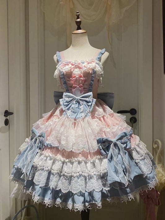 Blue and Pink Princess Dress Detachable Bows and Bead Details Sweet Lolita Dress