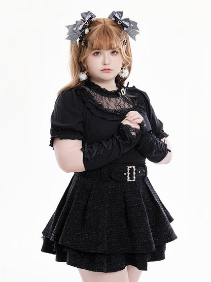 Jirai Kei Bowknots and Beads Decorated Illusion Neckline Black Blouse with Free Armwear