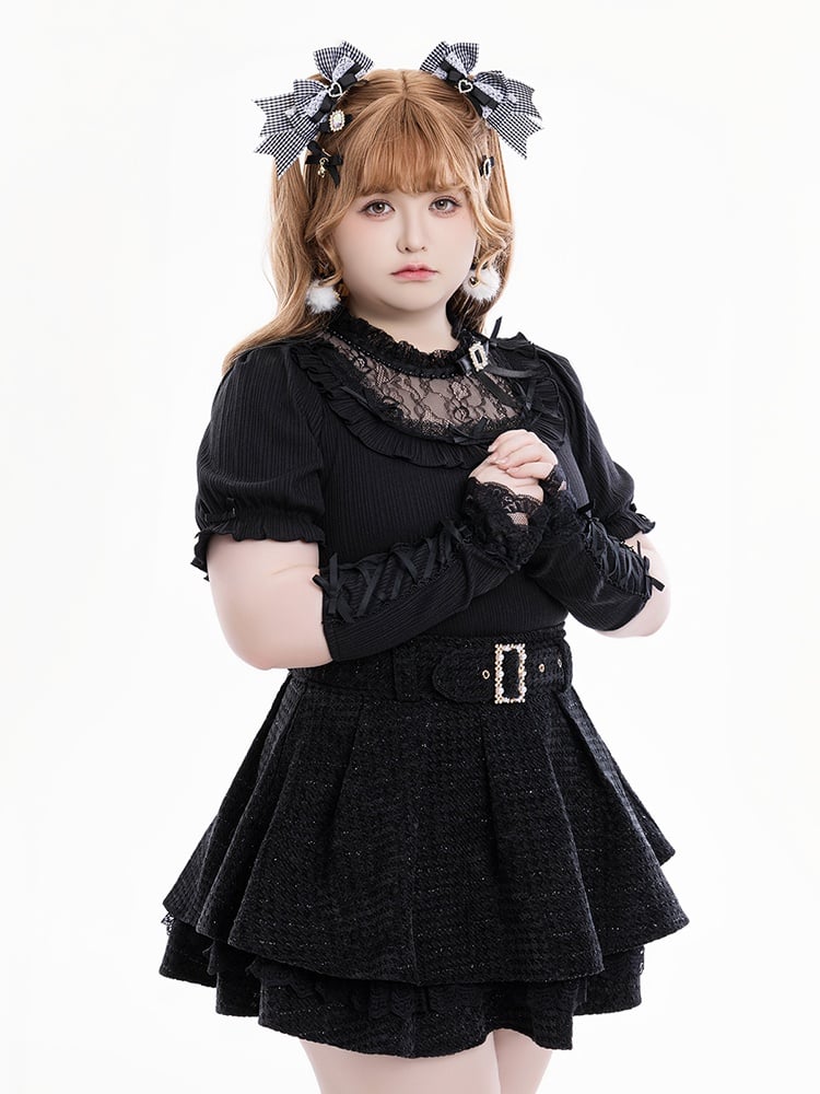 Jirai Kei Bowknots and Beads Decorated Illusion Neckline Black Blouse with Free Armwear