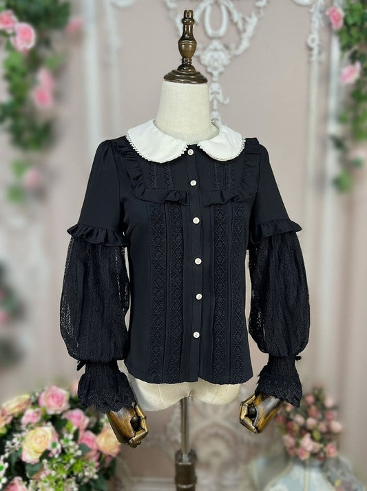Black Peter Pan Collar Vintage Shirt Long Bollon Sleeves Top