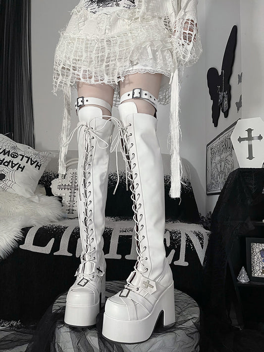 Matte White Front Lace-up Ties Buckle Straps 12CM Heel Platform Thigh-high Boots