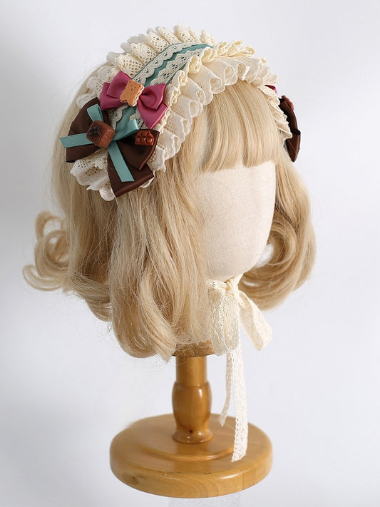 Beige Sweet Lolita Cookie Decorated Bowknot Details Ruffled Hairband