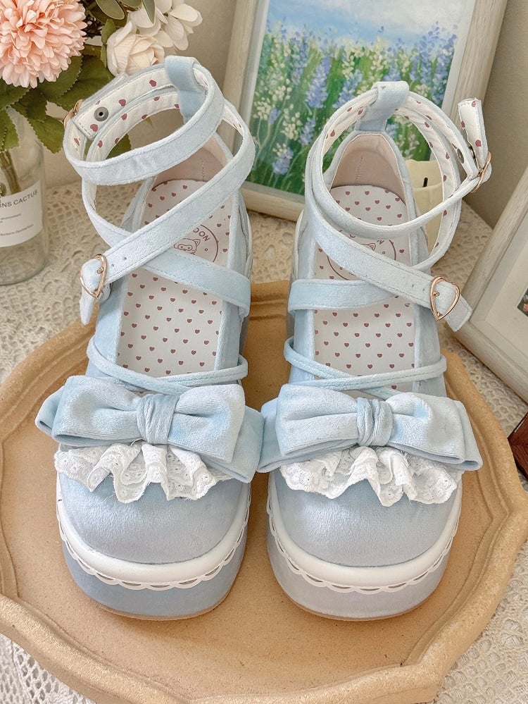 Velvet Blue Sweet Lolita Platform Mary Janes - Lace-Trimmed Bow, Heart Buckle & Crisscross Straps