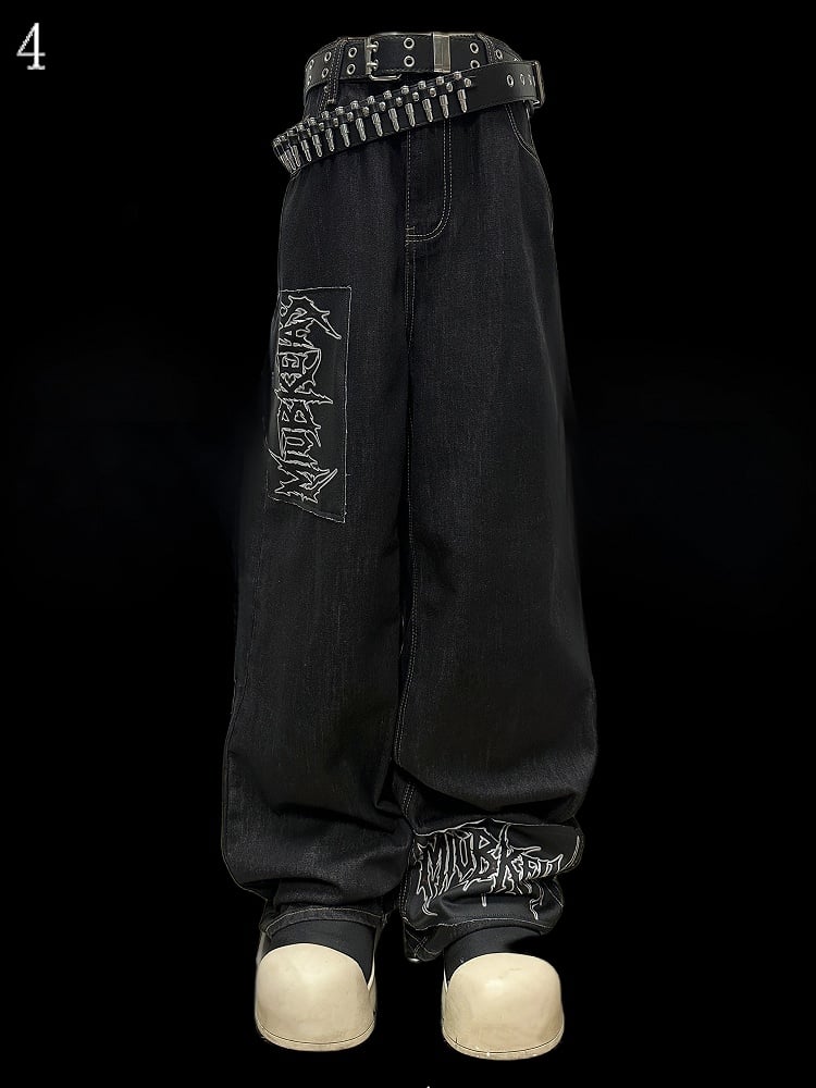 Dark Blue Letter Applique Straight-leg Cut Jeans