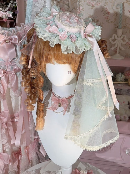 3 Color Options Floral Design Bowknot Details Lace Trim Mini Hat + Veil