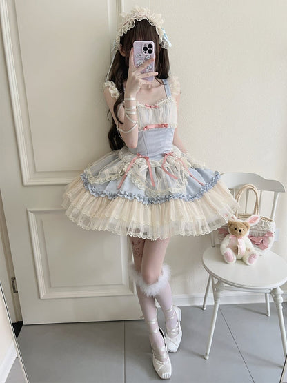 Blue Balletcore Small Bows Fabric Short Dress Lolita Jumper Skirt