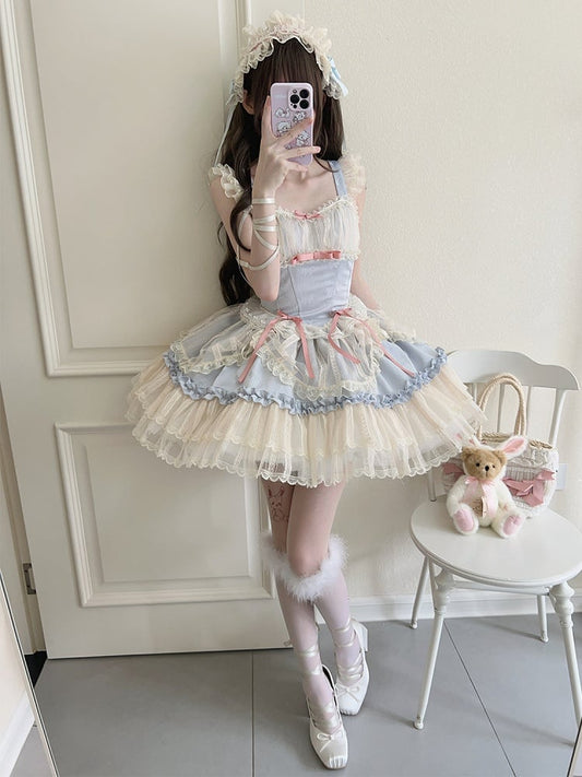 Blue Balletcore Small Bows Fabric Short Dress Lolita Jumper Skirt