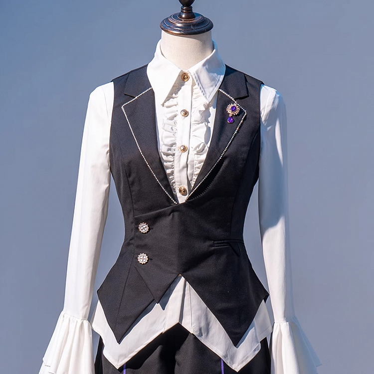 Black Foldover Collar Curved Hem Prince Style Ouji Lolita Waistcoat with Free Brooch