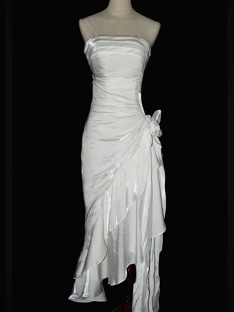 White Vintage Floral Wedding Dress Asymmetrical Hem Prom Gown