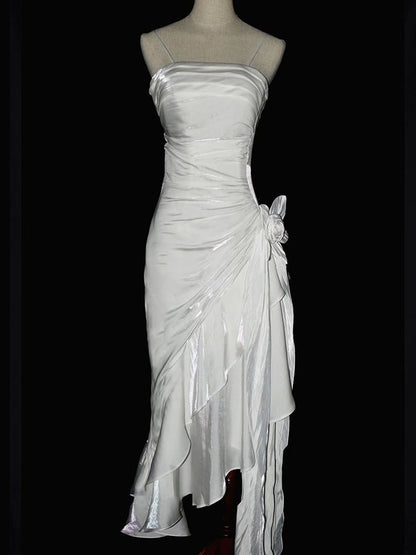 White Vintage Floral Wedding Dress Asymmetrical Hem Prom Gown
