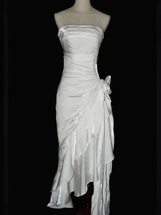 White Vintage Floral Wedding Dress Asymmetrical Hem Prom Gown