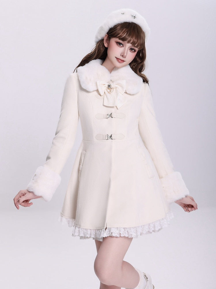 Creamy Jirai Kei Butterfly Buckles Closure Coat with Detachable Plush Collar and Cuffs