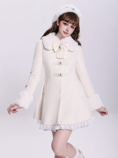 Creamy Jirai Kei Butterfly Buckles Closure Coat with Detachable Plush Collar and Cuffs