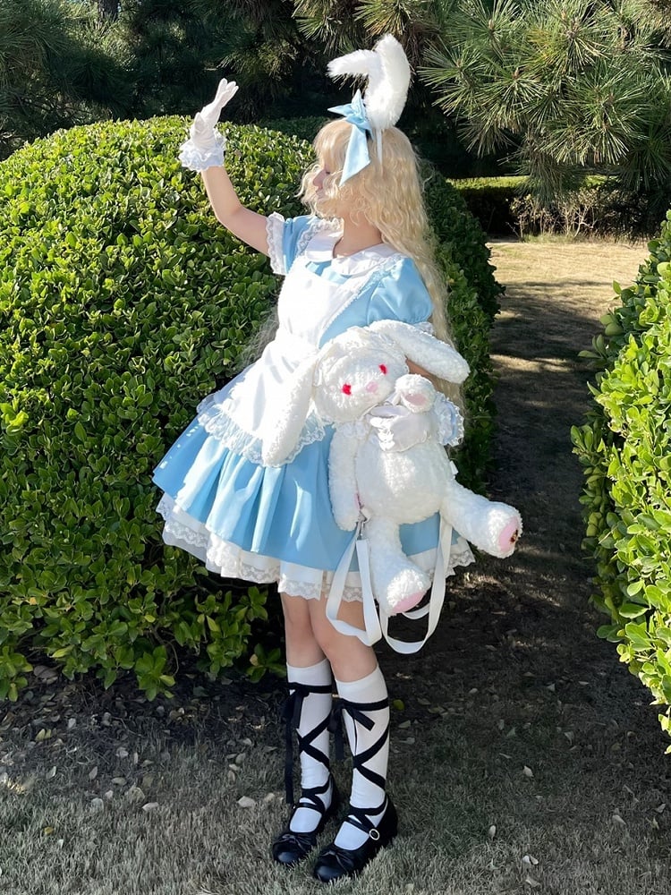 Plus Size Friendly Blue Short Version Maid One Piece + Apron Alice in Wonderland Vibes