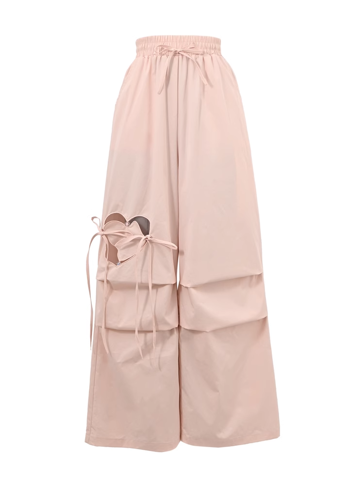 Blue/Pink Drawstring Waist Heart-shaped Cutout Wide-leg Pants