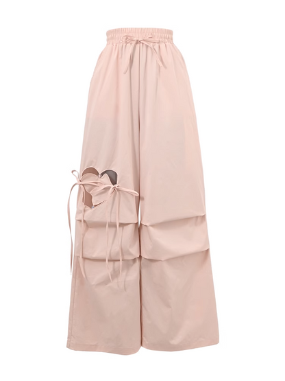 Blue/Pink Drawstring Waist Heart-shaped Cutout Wide-leg Pants