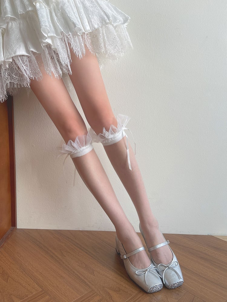 White Bowknot Details Tulle Ruffled Underknee Stockings