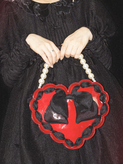 Red Heart-Shaped Lolita Bag with Black Bow & Pearl Handle