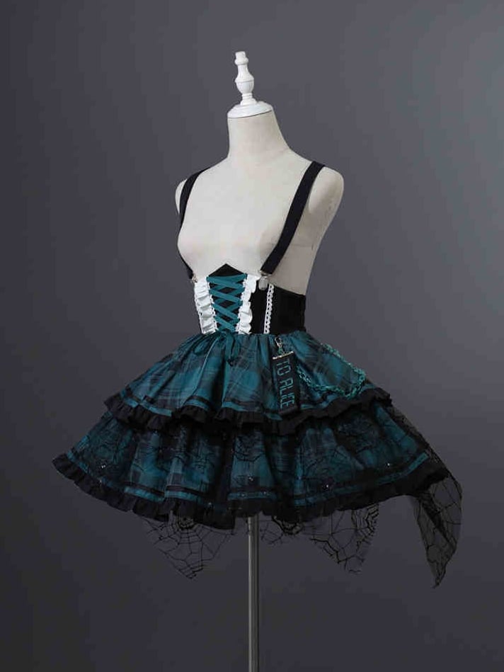 Lace-up Detail Black and Green Plaid Punk Lolita Corset Waist Overall Dress