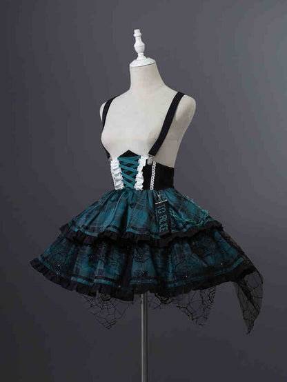 Lace-up Detail Black and Green Plaid Punk Lolita Corset Waist Overall Dress