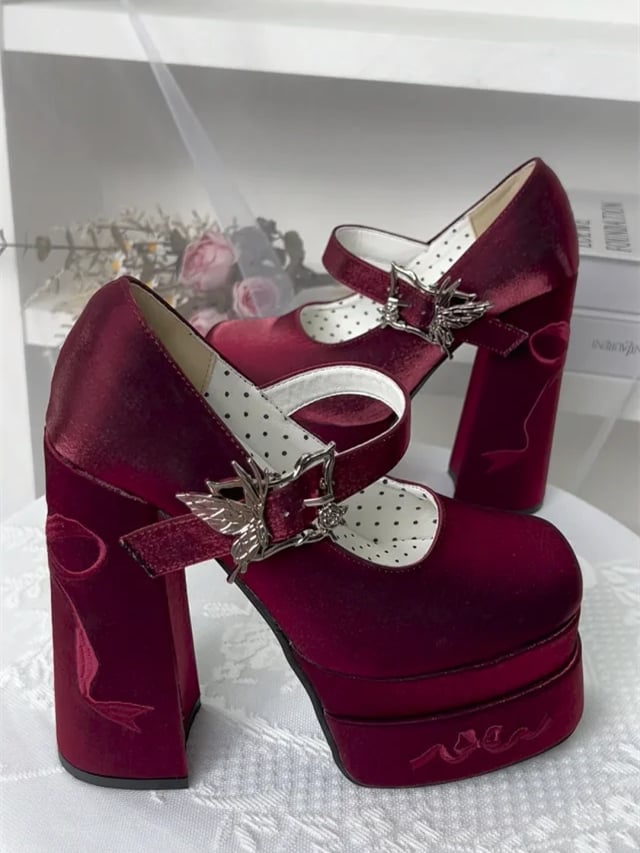 Bowknot Embroidery Butterfly-shaped Buckle Wine Red Platform Mary Janes High Block Heels