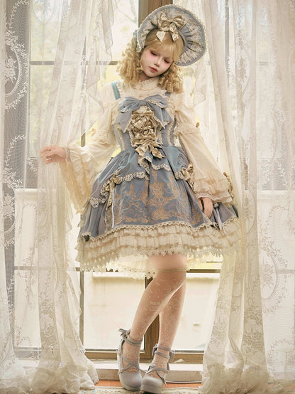 Bows Decoration Candle Embroidery Blue Velvet Dress Lolita JSK / Set