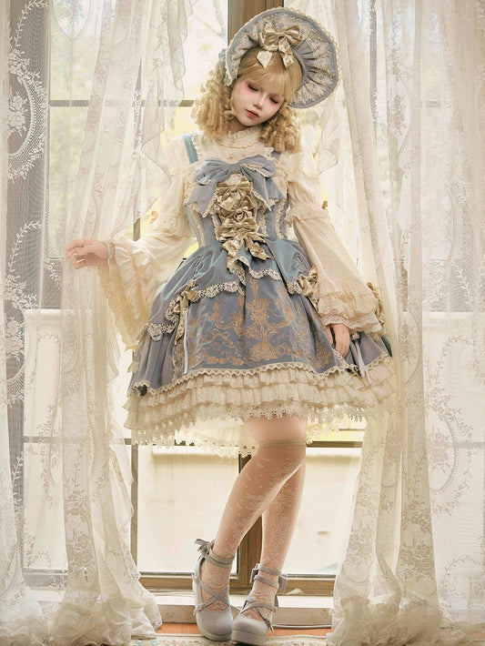 Bows Decoration Candle Embroidery Blue Velvet Dress Lolita JSK / Set
