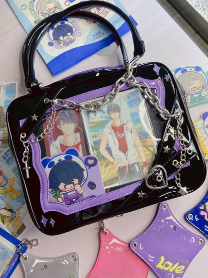 Black & Purple Crisscross Strap Ita Shoulder Bag with Cross Charm Chain